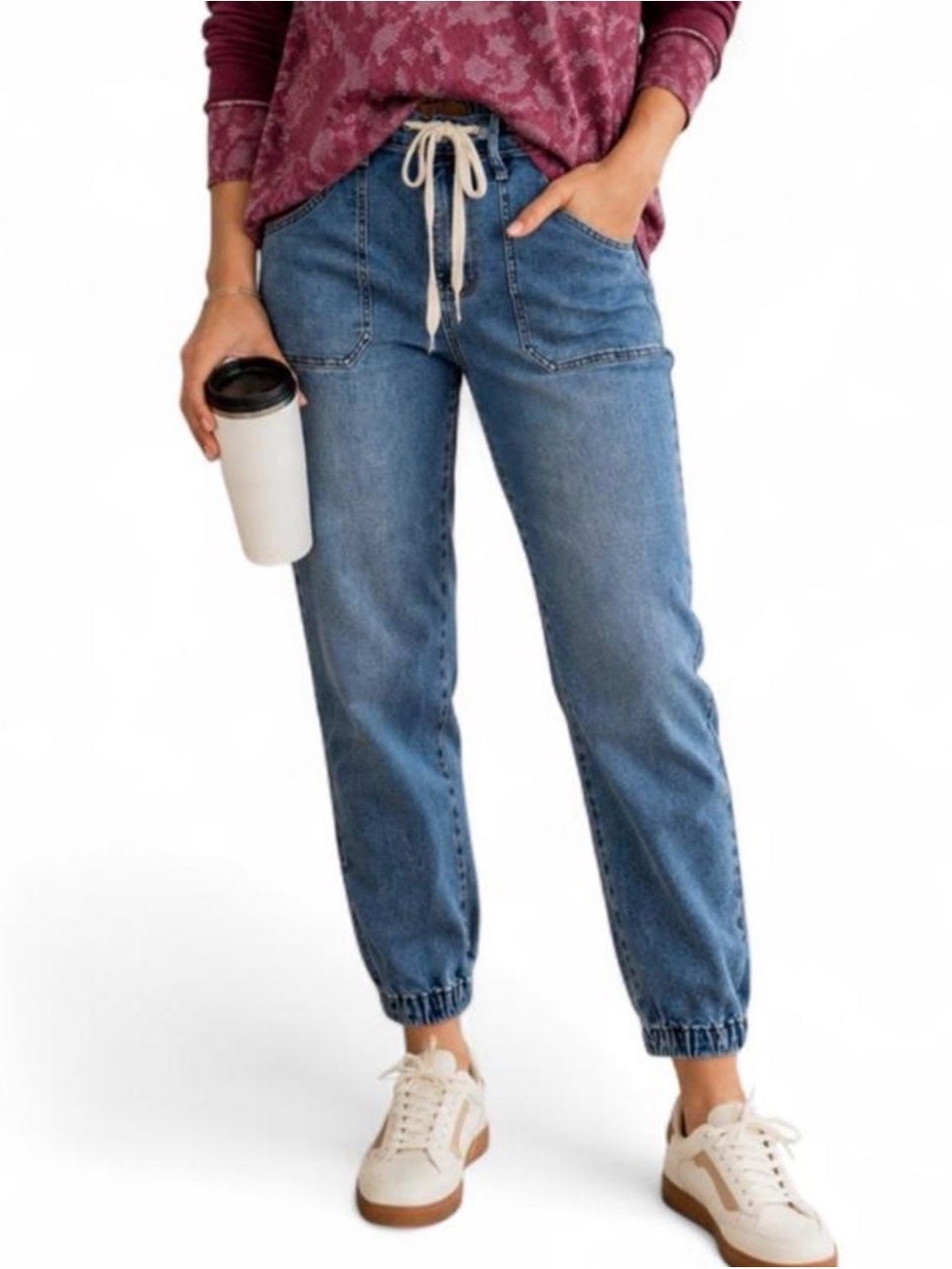 Judy Blue Washed Blue Denim Joggers with Cream Drawstring